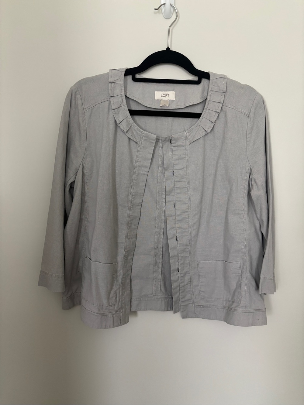 LOFT Light Gray Ruffle-Trim Jacket - Size 10 - 54% linen 46% cotton - PTP 20”